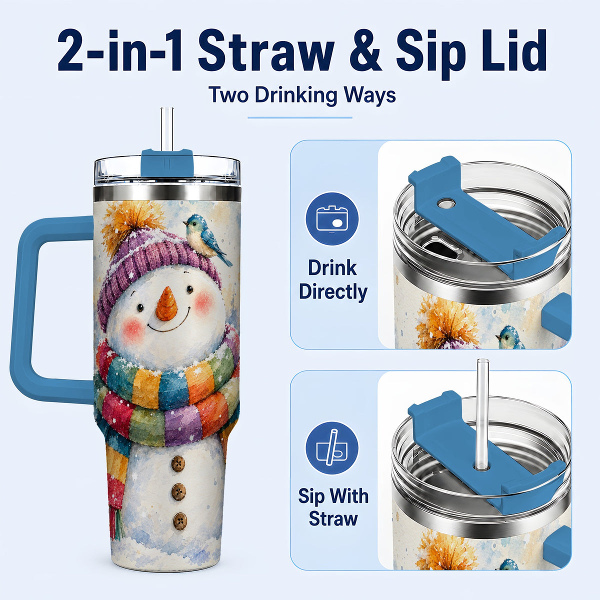 #pl[40oz|Blue] Cheerful Snowman 40oz Tumbler with Handle, Winter Travel Cup