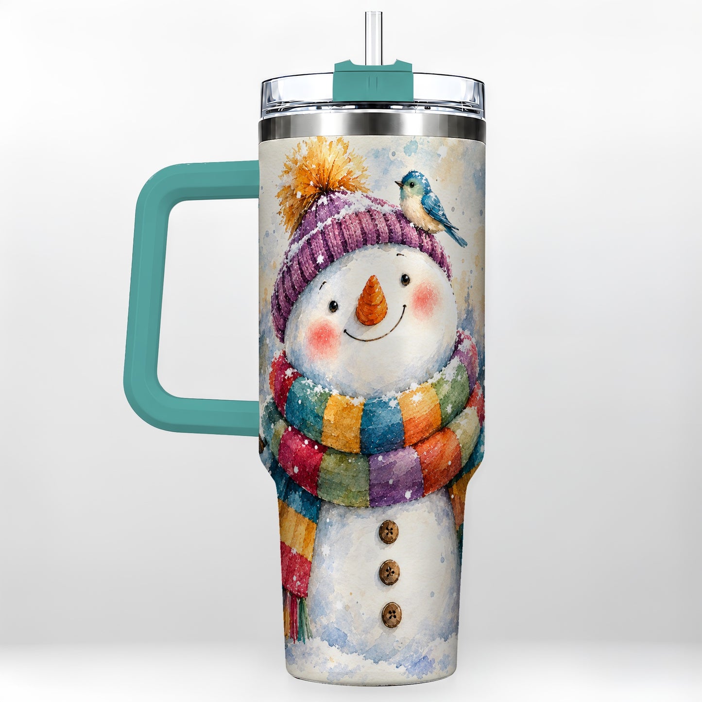 #pl[40oz|Green] Cheerful Snowman 40oz Tumbler with Handle, Winter Travel Cup