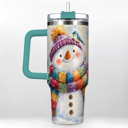 #pl[40oz|Green] Cheerful Snowman 40oz Tumbler with Handle, Winter Travel Cup
