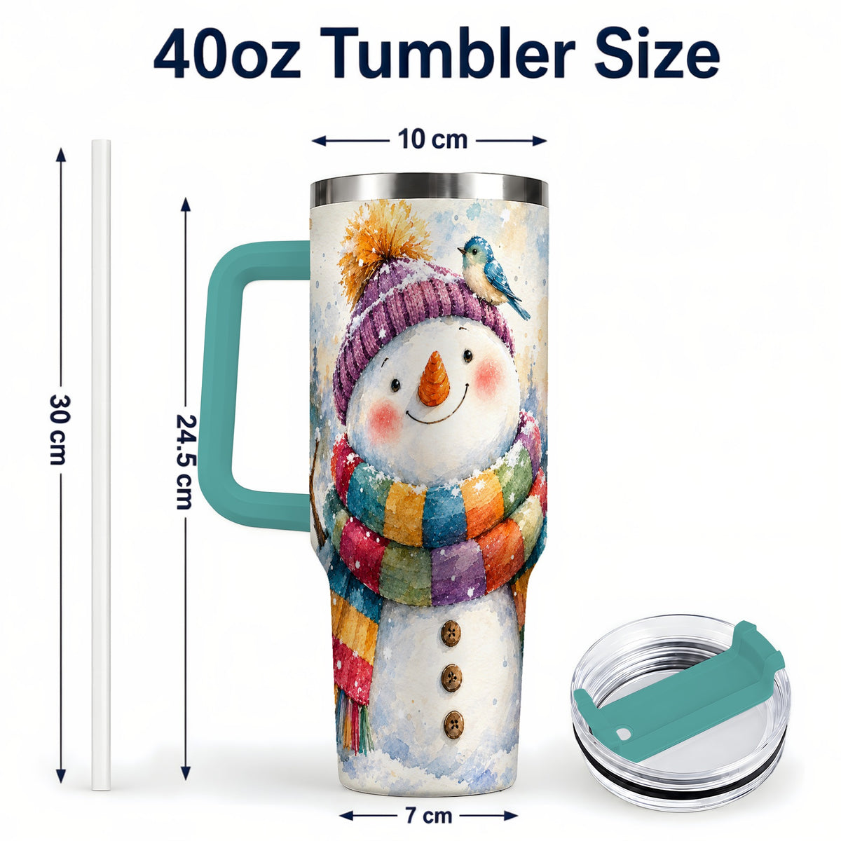 #pl[40oz|Green] Cheerful Snowman 40oz Tumbler with Handle, Winter Travel Cup