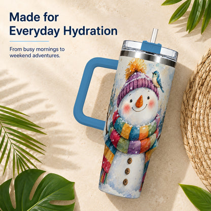 #pl[40oz|Blue] Cheerful Snowman 40oz Tumbler with Handle, Winter Travel Cup