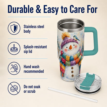 #pl[40oz|Green] Cheerful Snowman 40oz Tumbler with Handle, Winter Travel Cup