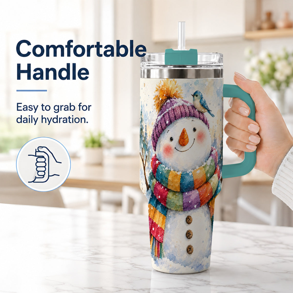 #pl[40oz|Green] Cheerful Snowman 40oz Tumbler with Handle, Winter Travel Cup