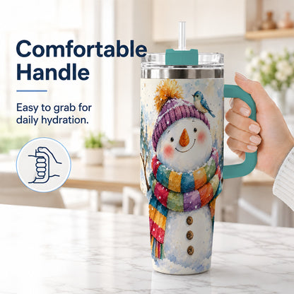 #pl[40oz|Green] Cheerful Snowman 40oz Tumbler with Handle, Winter Travel Cup