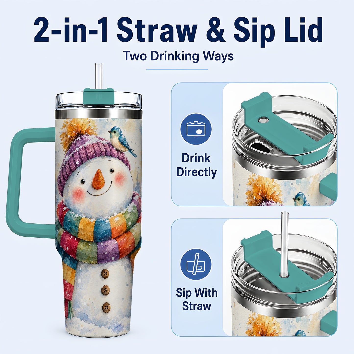 #pl[40oz|Green] Cheerful Snowman 40oz Tumbler with Handle, Winter Travel Cup