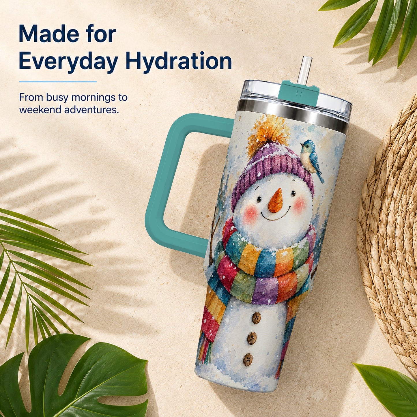#pl[40oz|Green] Cheerful Snowman 40oz Tumbler with Handle, Winter Travel Cup