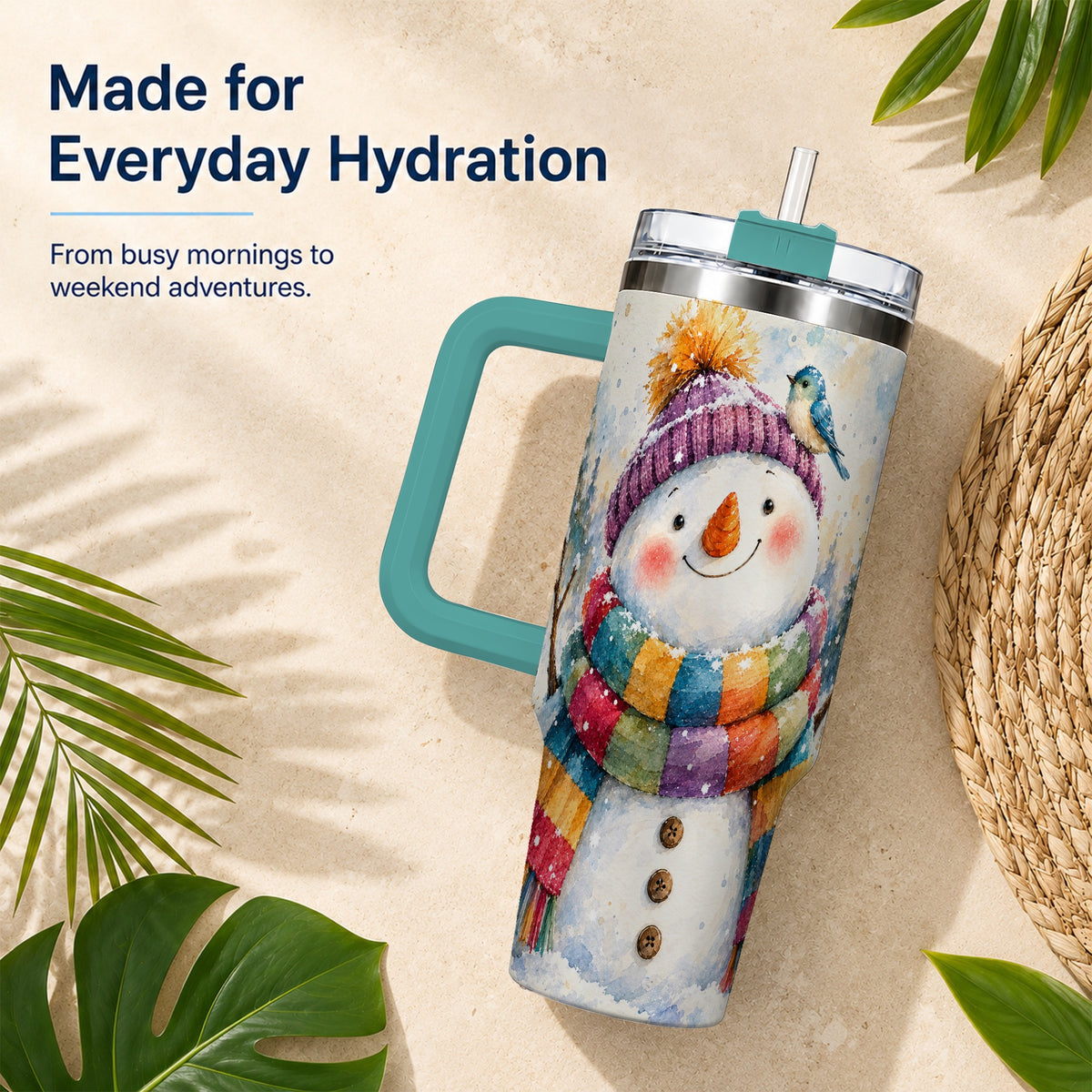 #pl[40oz|Green] Cheerful Snowman 40oz Tumbler with Handle, Winter Travel Cup