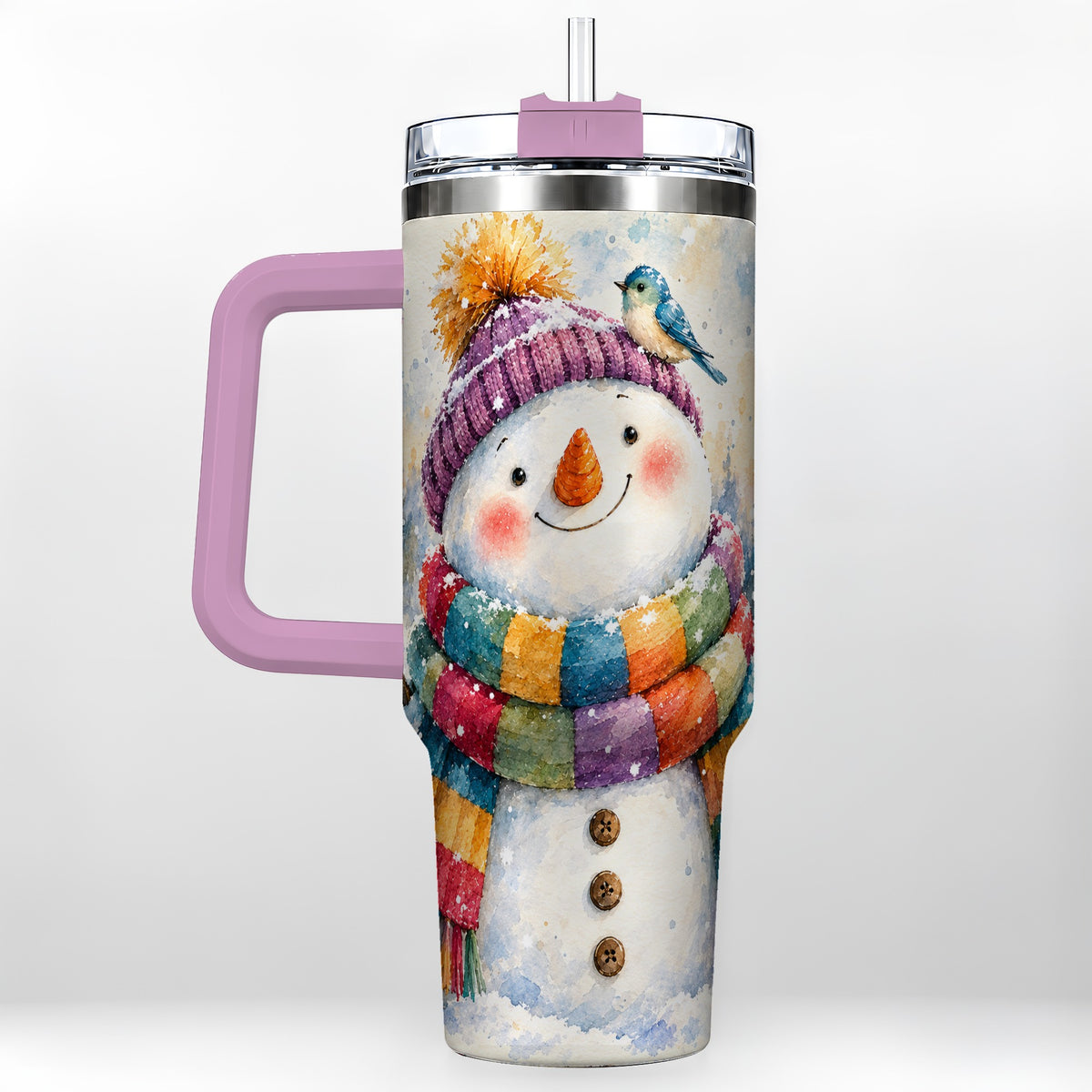 #pl[40oz|Pink] Cheerful Snowman 40oz Tumbler with Handle, Winter Travel Cup