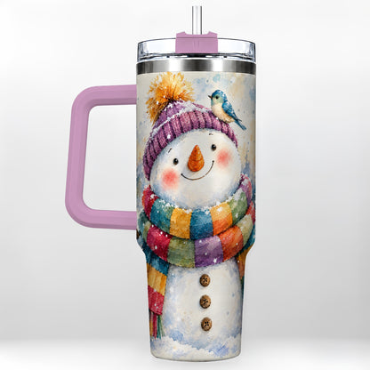 #pl[40oz|Pink] Cheerful Snowman 40oz Tumbler with Handle, Winter Travel Cup