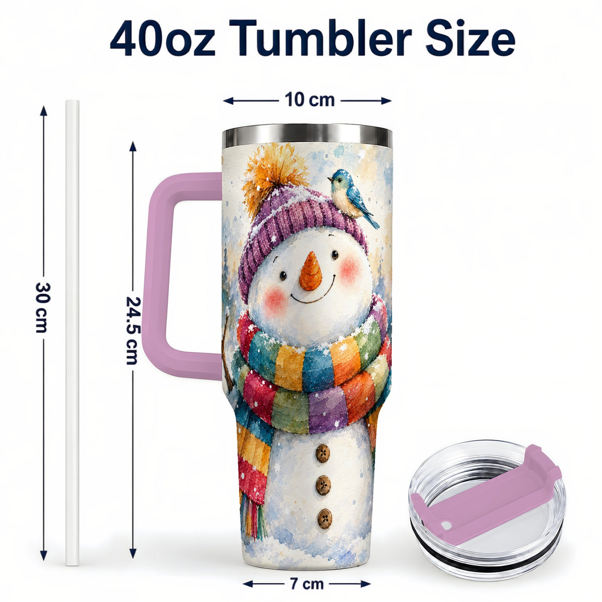 #pl[40oz|Pink] Cheerful Snowman 40oz Tumbler with Handle, Winter Travel Cup
