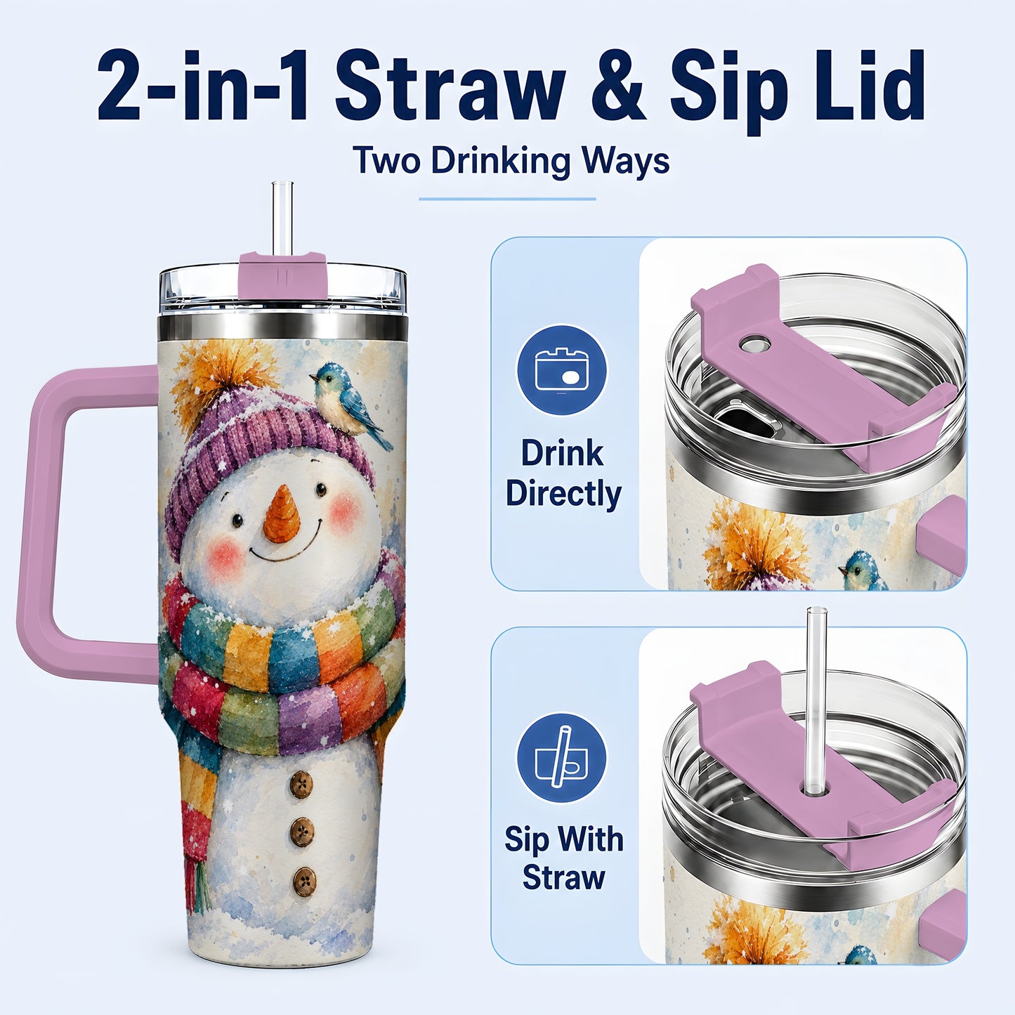 #pl[40oz|Pink] Cheerful Snowman 40oz Tumbler with Handle, Winter Travel Cup
