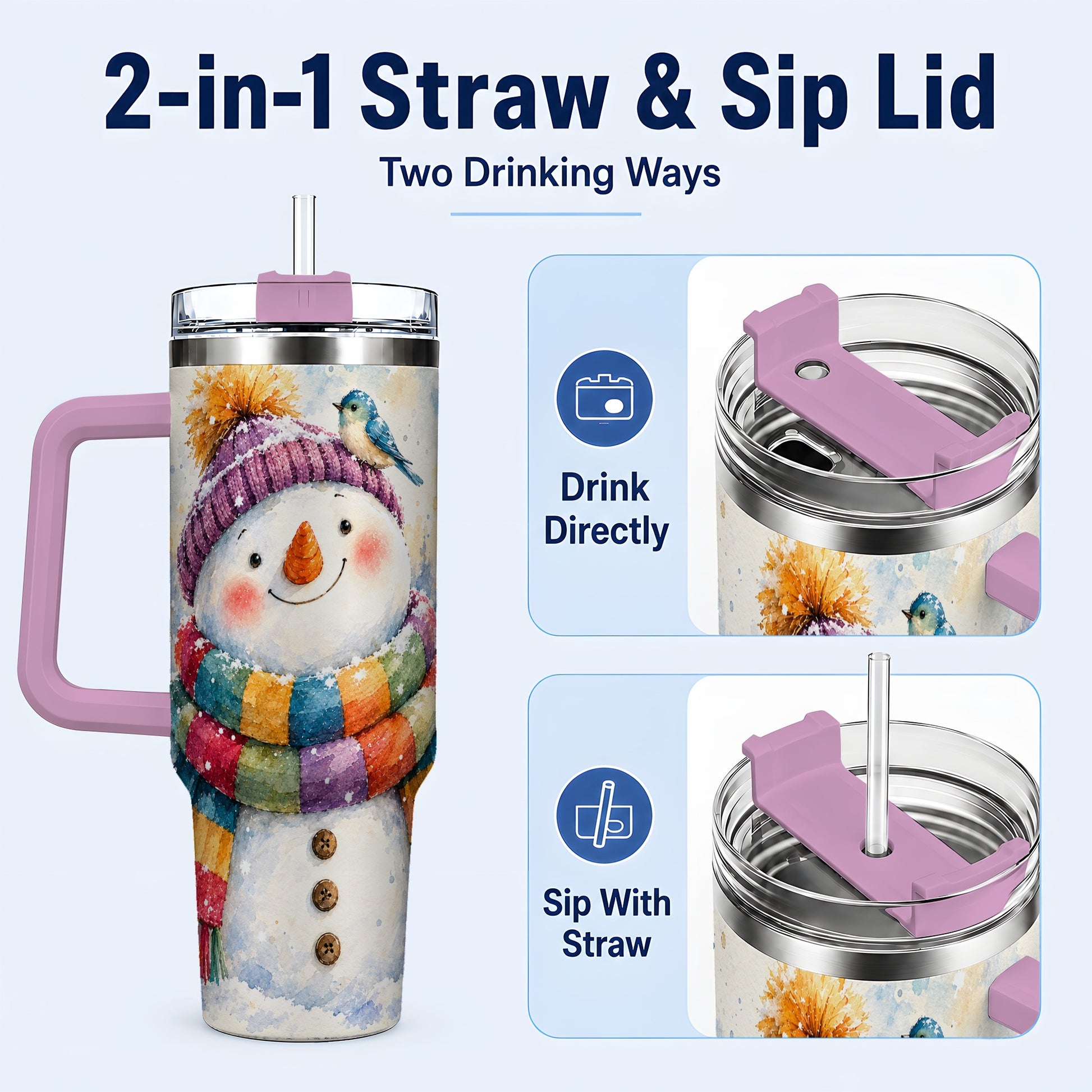 #pl[40oz|Pink] Cheerful Snowman 40oz Tumbler with Handle, Winter Travel Cup