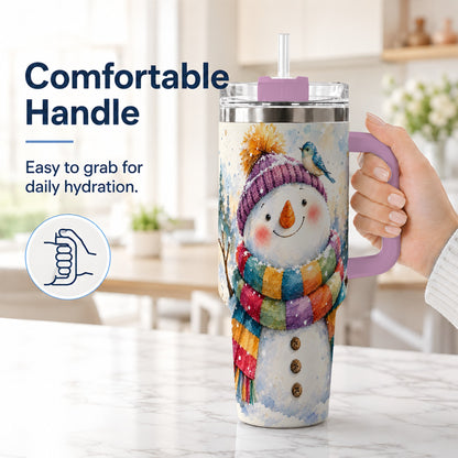 #pl[40oz|Pink] Cheerful Snowman 40oz Tumbler with Handle, Winter Travel Cup