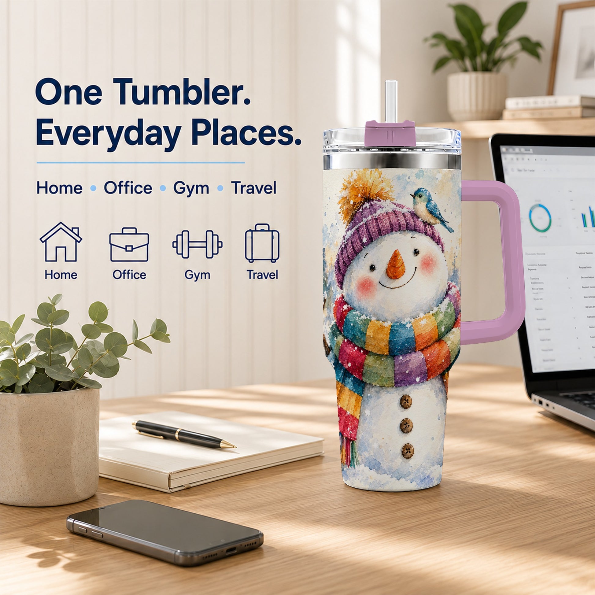 #pl[40oz|Pink] Cheerful Snowman 40oz Tumbler with Handle, Winter Travel Cup