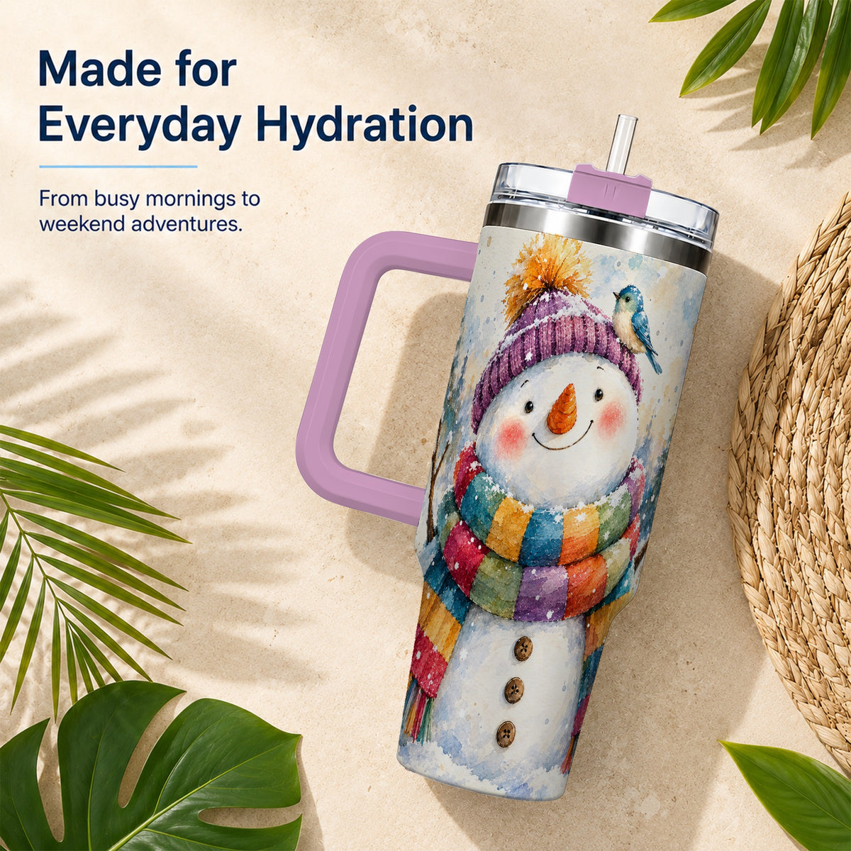 #pl[40oz|Pink] Cheerful Snowman 40oz Tumbler with Handle, Winter Travel Cup