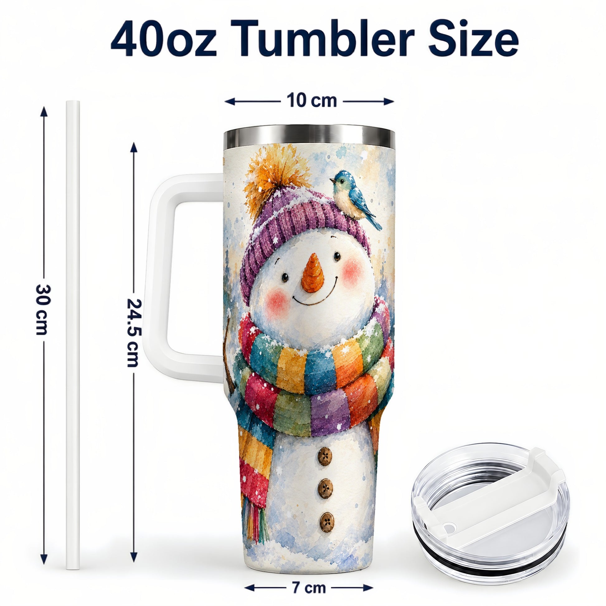 #pl[40oz|White] Cheerful Snowman 40oz Tumbler with Handle, Winter Travel Cup