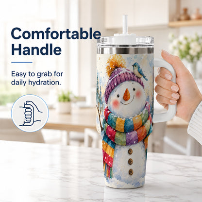 #pl[40oz|White] Cheerful Snowman 40oz Tumbler with Handle, Winter Travel Cup