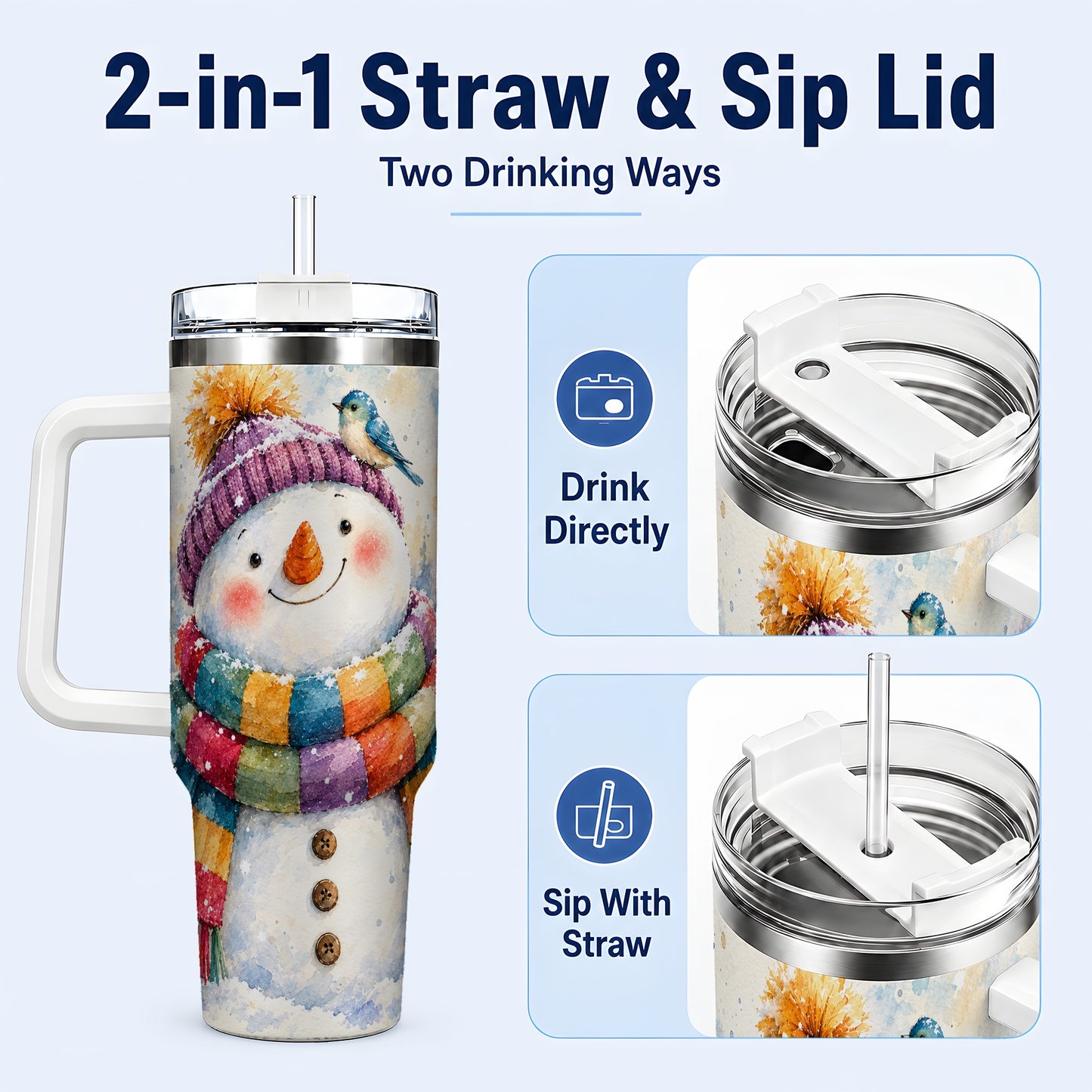 #pl[40oz|White] Cheerful Snowman 40oz Tumbler with Handle, Winter Travel Cup