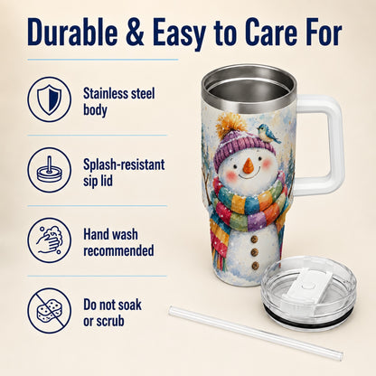 #pl[40oz|White] Cheerful Snowman 40oz Tumbler with Handle, Winter Travel Cup