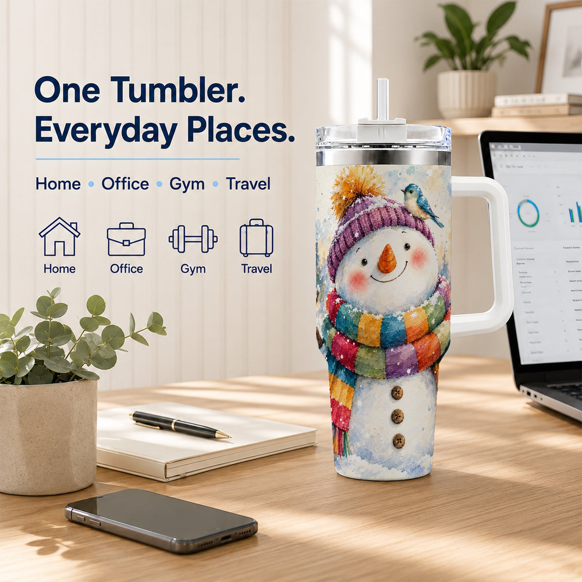 #pl[40oz|White] Cheerful Snowman 40oz Tumbler with Handle, Winter Travel Cup