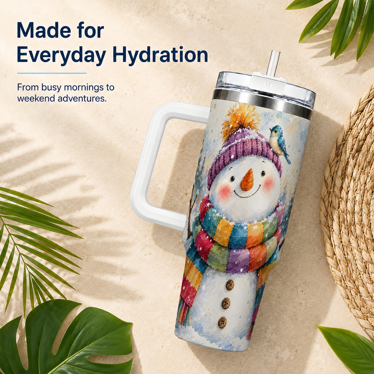 #pl[40oz|White] Cheerful Snowman 40oz Tumbler with Handle, Winter Travel Cup
