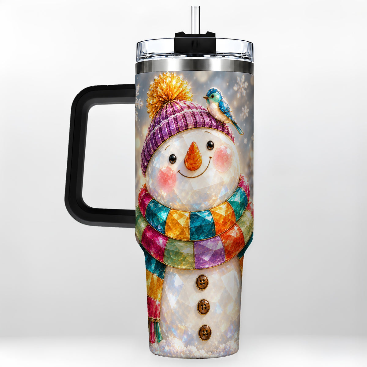 #pl[40oz|Black] Jewel Tone Snowman 40oz Tumbler with Handle, Winter Travel Cup