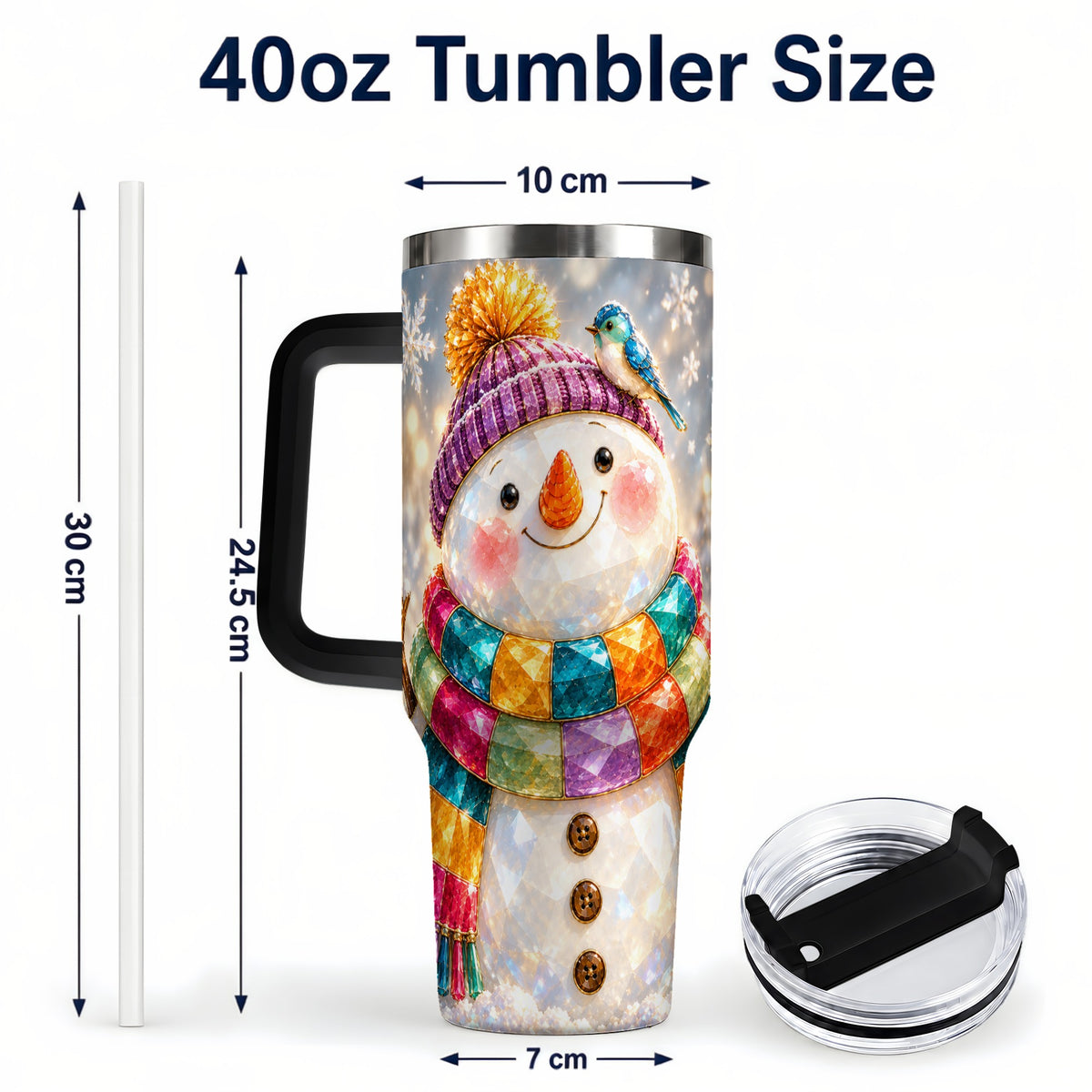 #pl[40oz|Black] Jewel Tone Snowman 40oz Tumbler with Handle, Winter Travel Cup