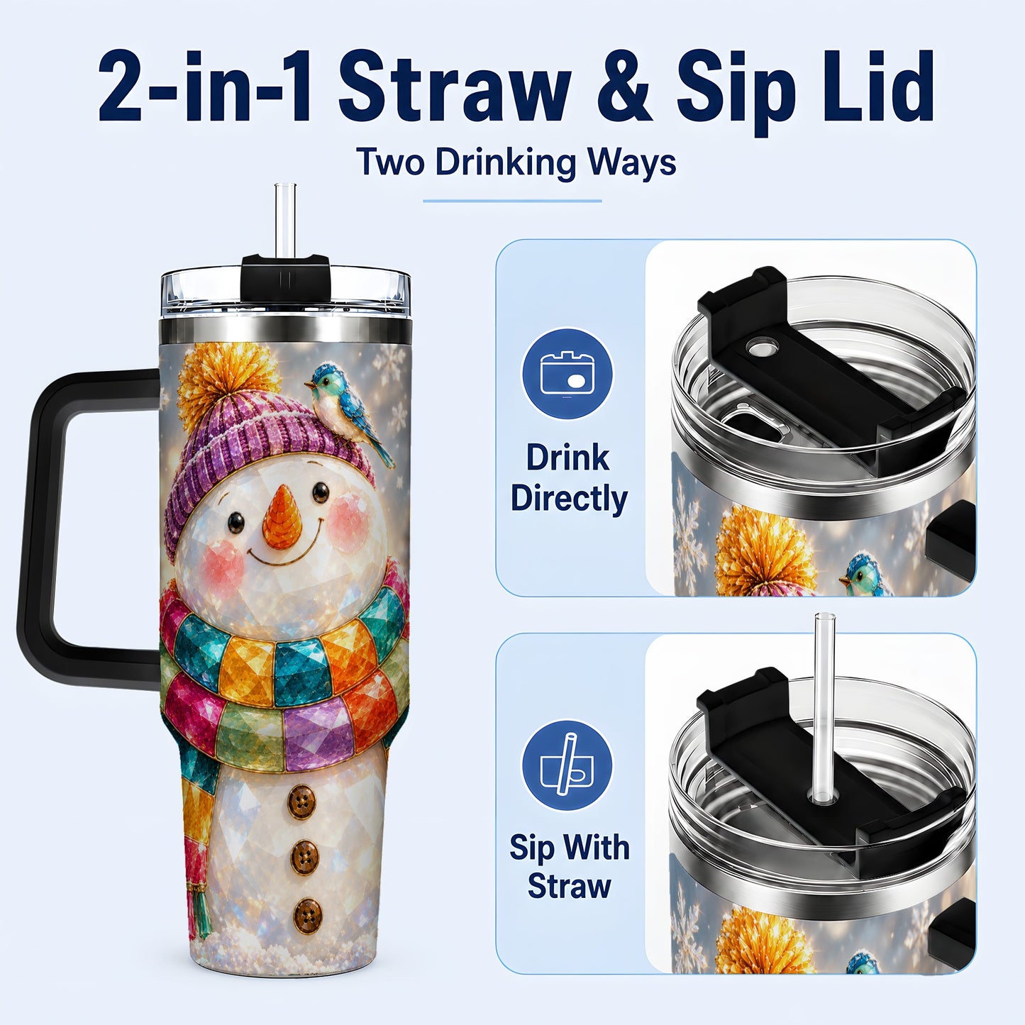#pl[40oz|Black] Jewel Tone Snowman 40oz Tumbler with Handle, Winter Travel Cup