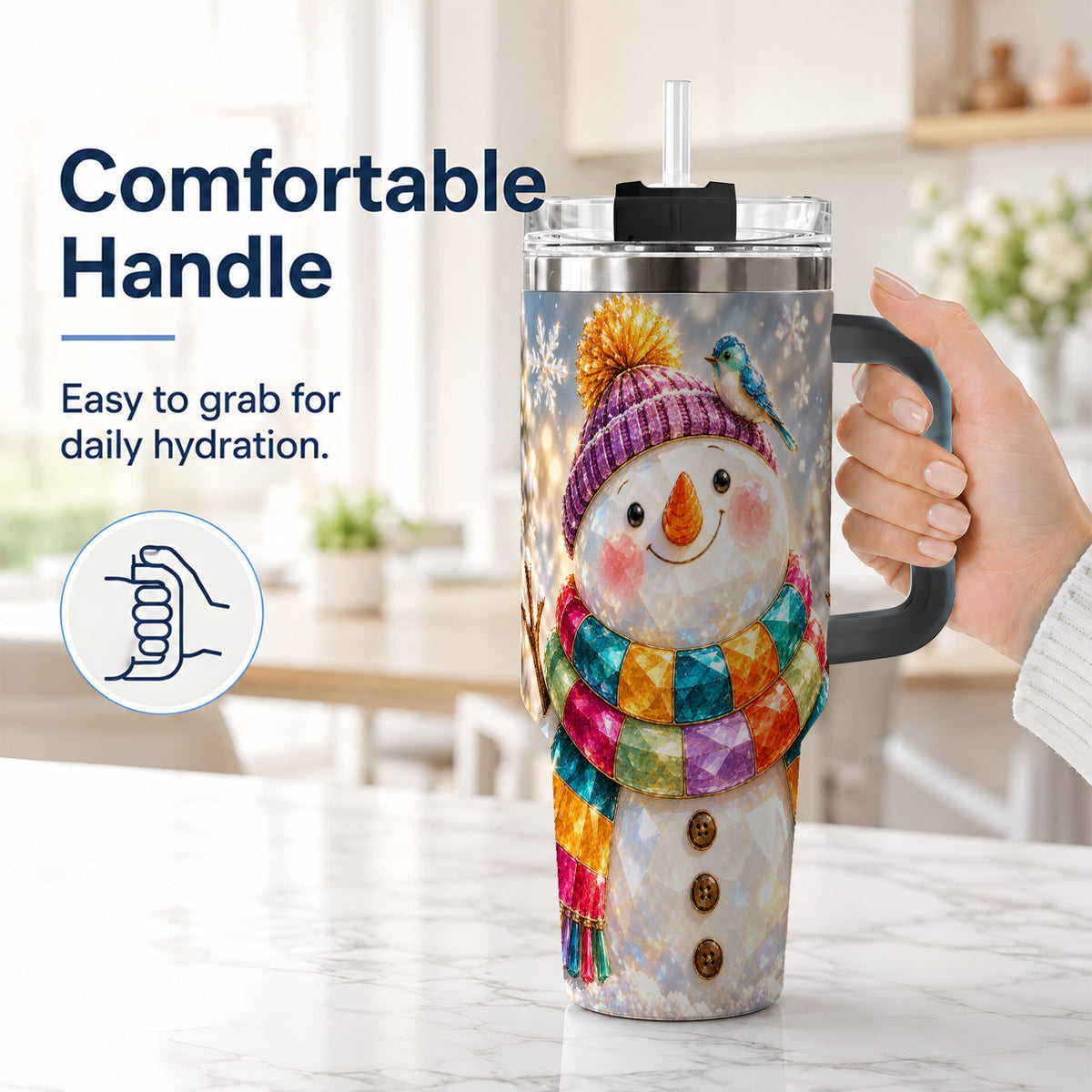#pl[40oz|Black] Jewel Tone Snowman 40oz Tumbler with Handle, Winter Travel Cup