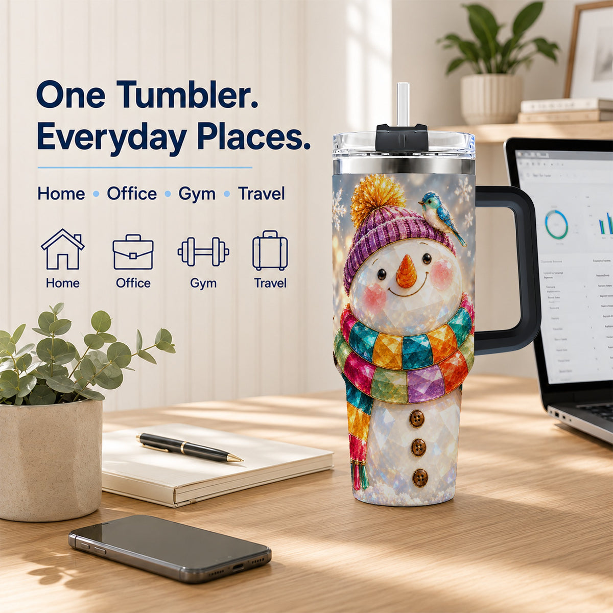 #pl[40oz|Black] Jewel Tone Snowman 40oz Tumbler with Handle, Winter Travel Cup
