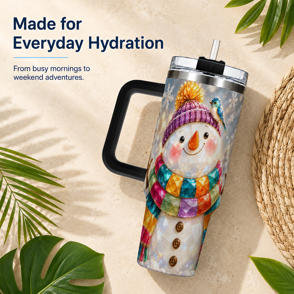 #pl[40oz|Black] Jewel Tone Snowman 40oz Tumbler with Handle, Winter Travel Cup