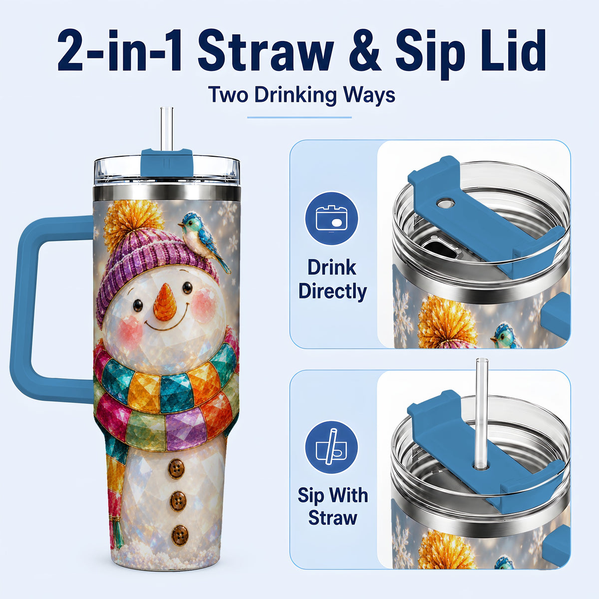 #pl[40oz|Blue] Jewel Tone Snowman 40oz Tumbler with Handle, Winter Travel Cup