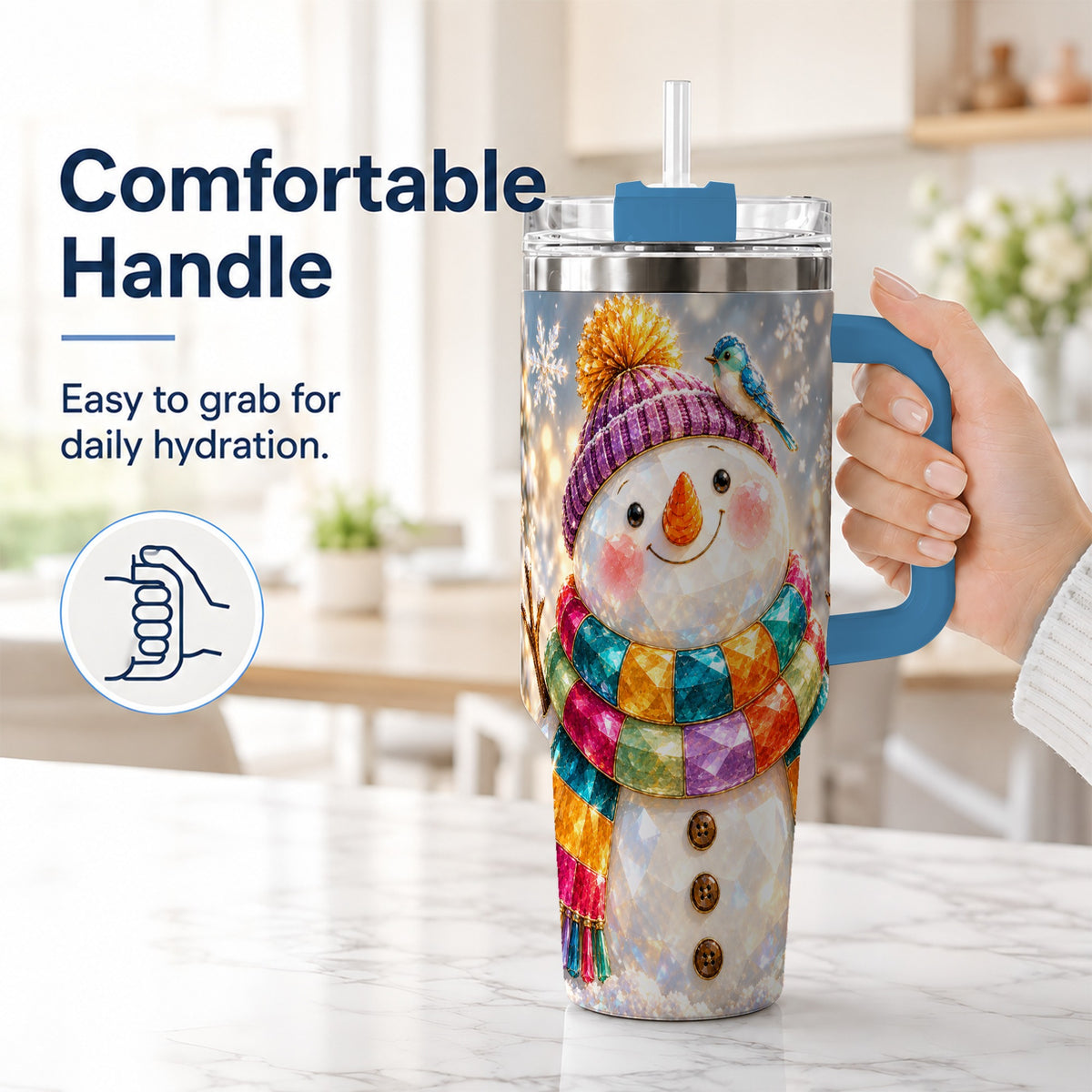 #pl[40oz|Blue] Jewel Tone Snowman 40oz Tumbler with Handle, Winter Travel Cup