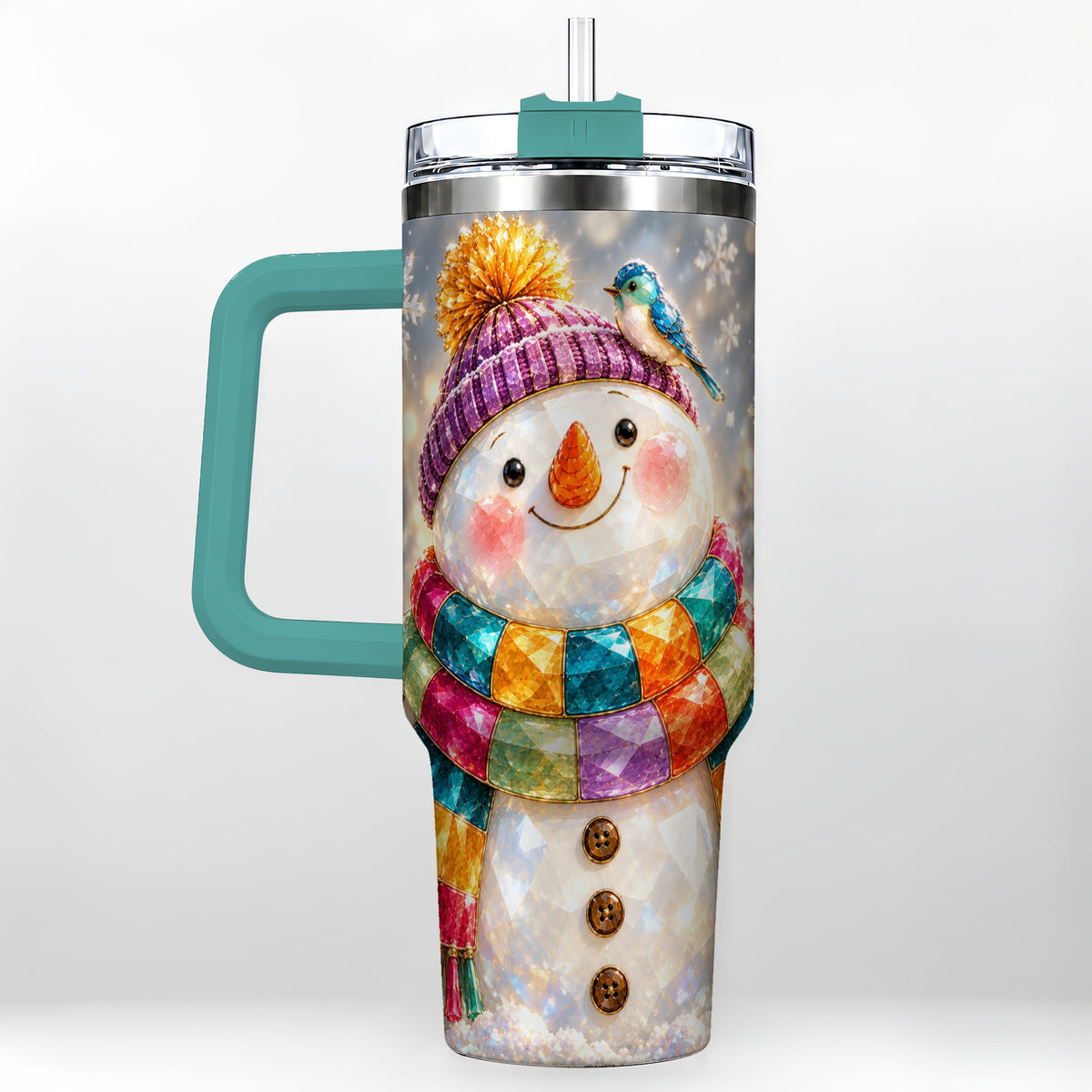 #pl[40oz|Green] Jewel Tone Snowman 40oz Tumbler with Handle, Winter Travel Cup
