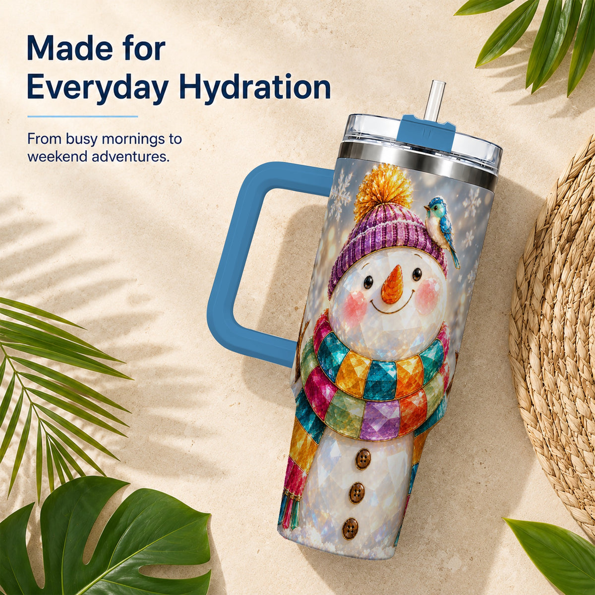 #pl[40oz|Blue] Jewel Tone Snowman 40oz Tumbler with Handle, Winter Travel Cup