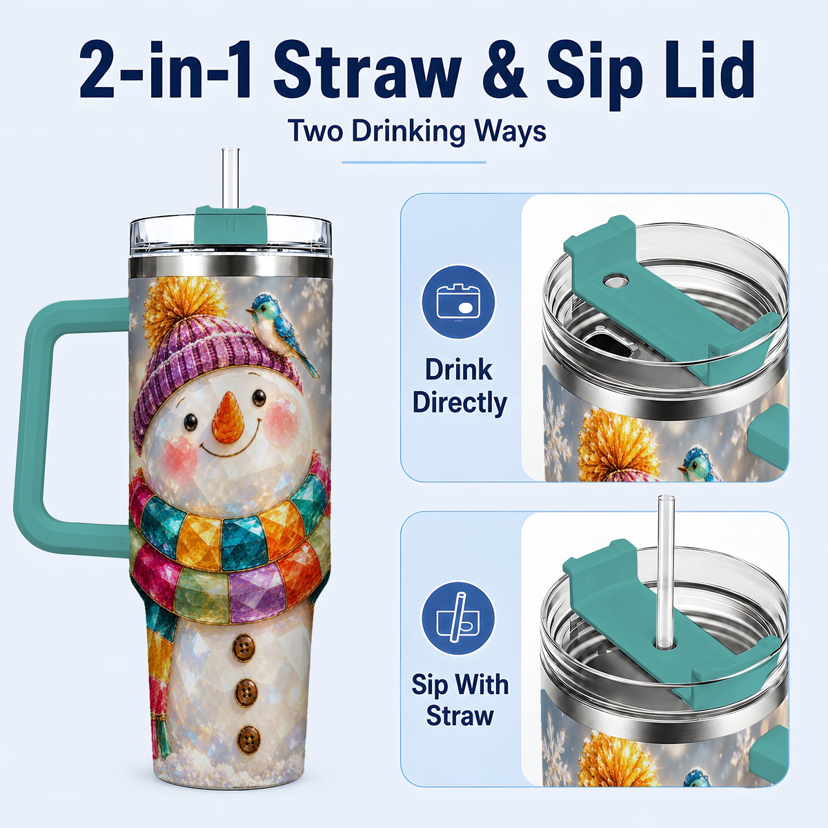 #pl[40oz|Green] Jewel Tone Snowman 40oz Tumbler with Handle, Winter Travel Cup