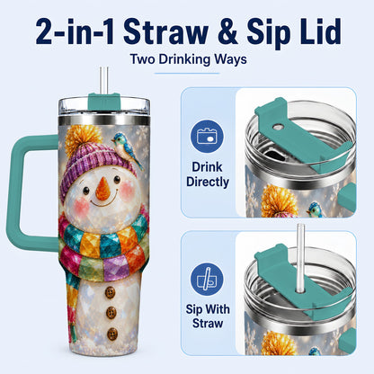 #pl[40oz|Green] Jewel Tone Snowman 40oz Tumbler with Handle, Winter Travel Cup