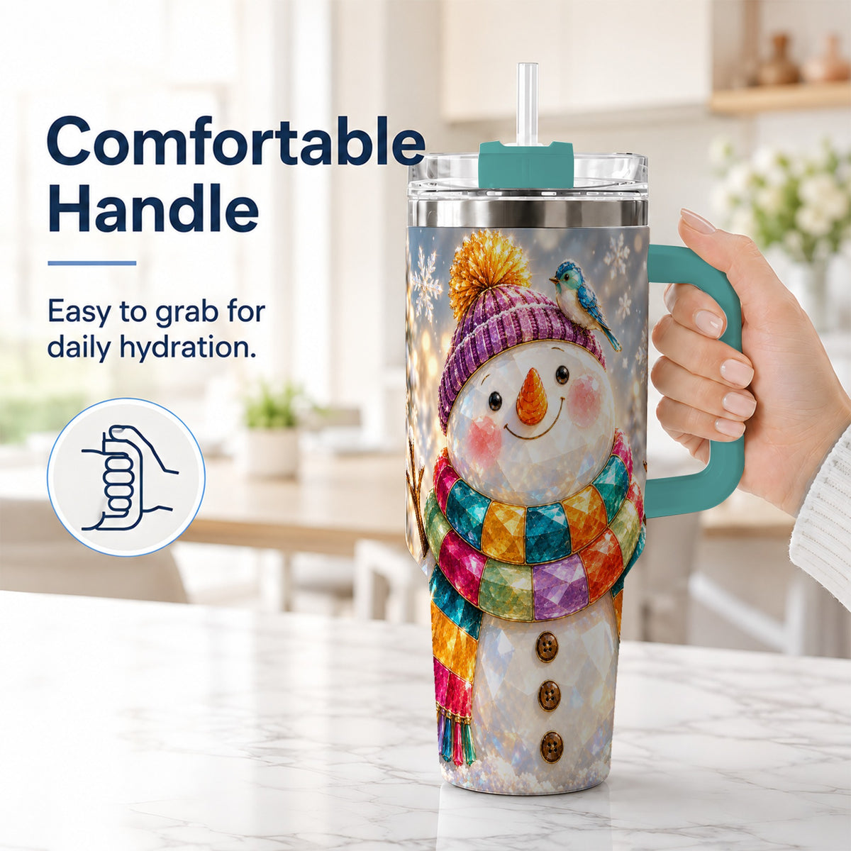 #pl[40oz|Green] Jewel Tone Snowman 40oz Tumbler with Handle, Winter Travel Cup