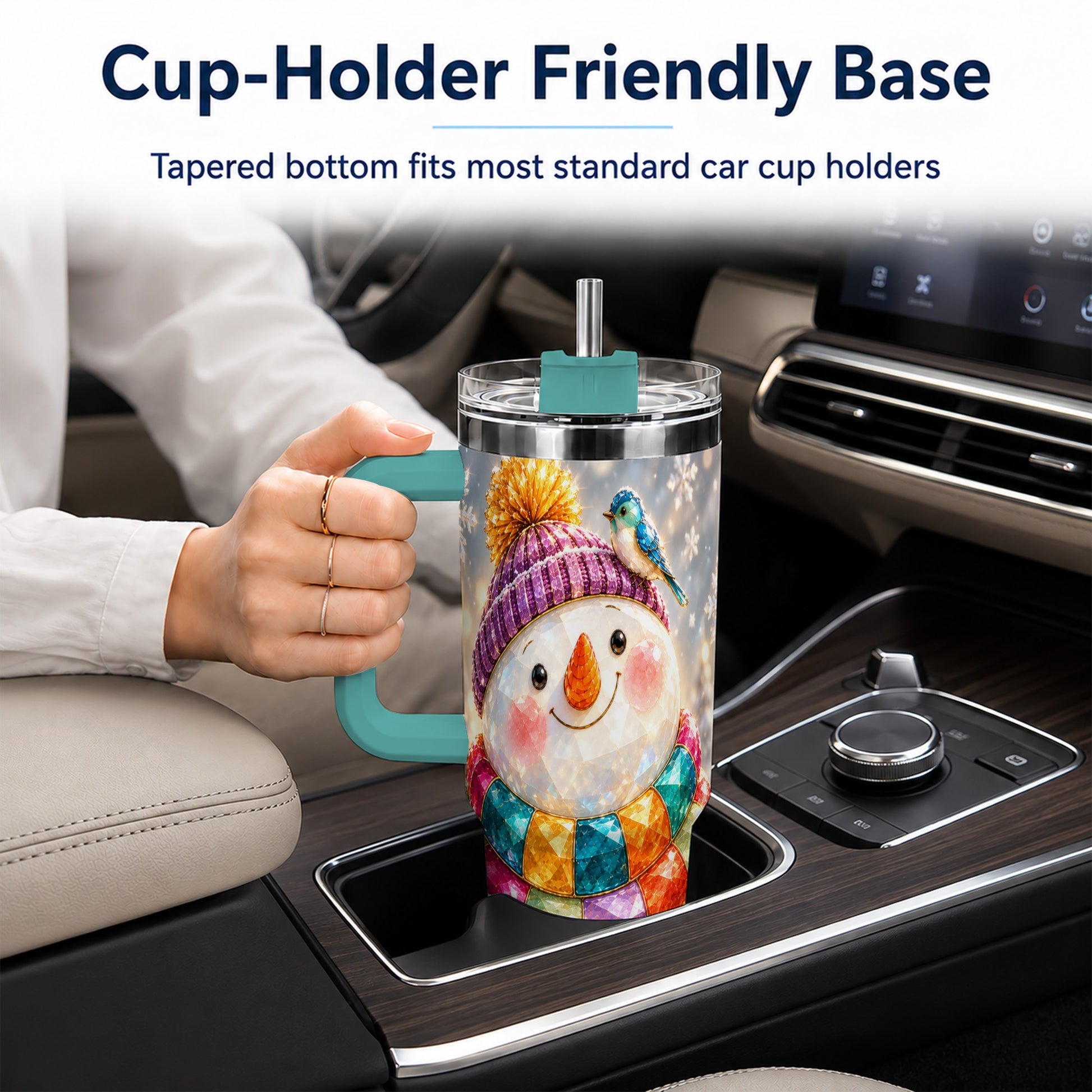 #pl[40oz|Green] Jewel Tone Snowman 40oz Tumbler with Handle, Winter Travel Cup