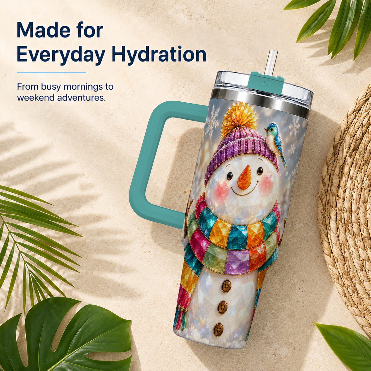#pl[40oz|Green] Jewel Tone Snowman 40oz Tumbler with Handle, Winter Travel Cup
