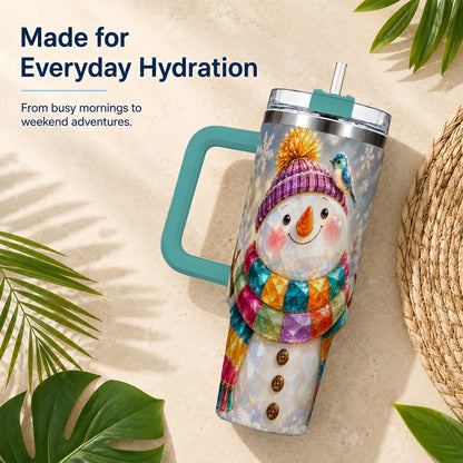 #pl[40oz|Green] Jewel Tone Snowman 40oz Tumbler with Handle, Winter Travel Cup