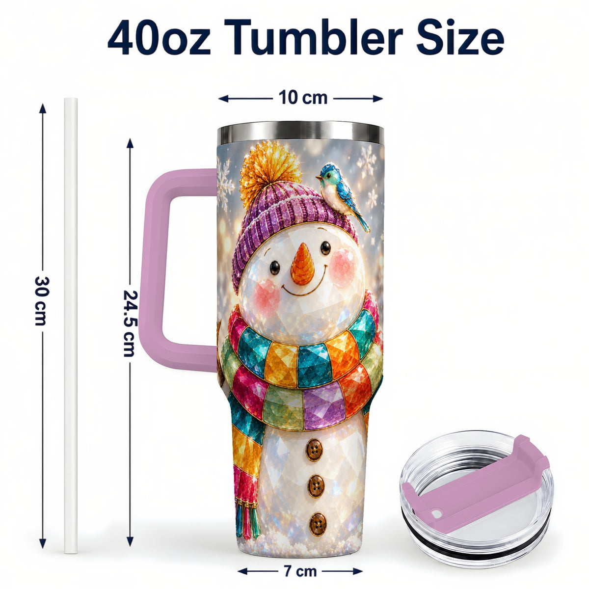 #pl[40oz|Pink] Jewel Tone Snowman 40oz Tumbler with Handle, Winter Travel Cup