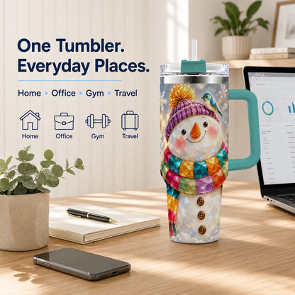 #pl[40oz|Green] Jewel Tone Snowman 40oz Tumbler with Handle, Winter Travel Cup