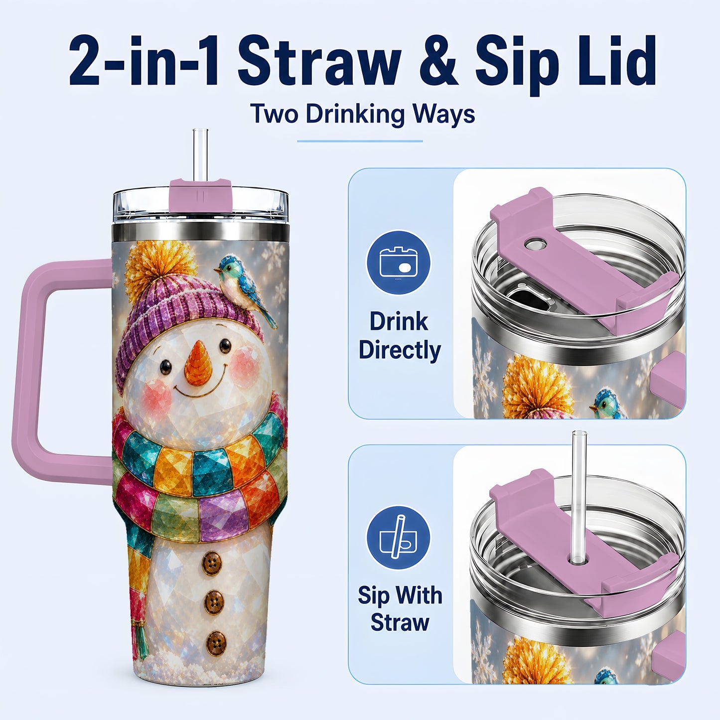 #pl[40oz|Pink] Jewel Tone Snowman 40oz Tumbler with Handle, Winter Travel Cup