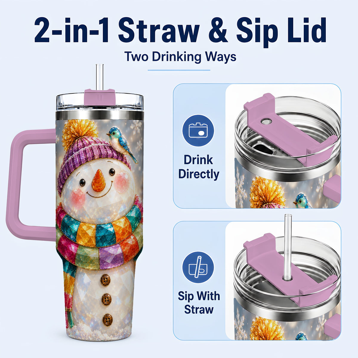 #pl[40oz|Pink] Jewel Tone Snowman 40oz Tumbler with Handle, Winter Travel Cup