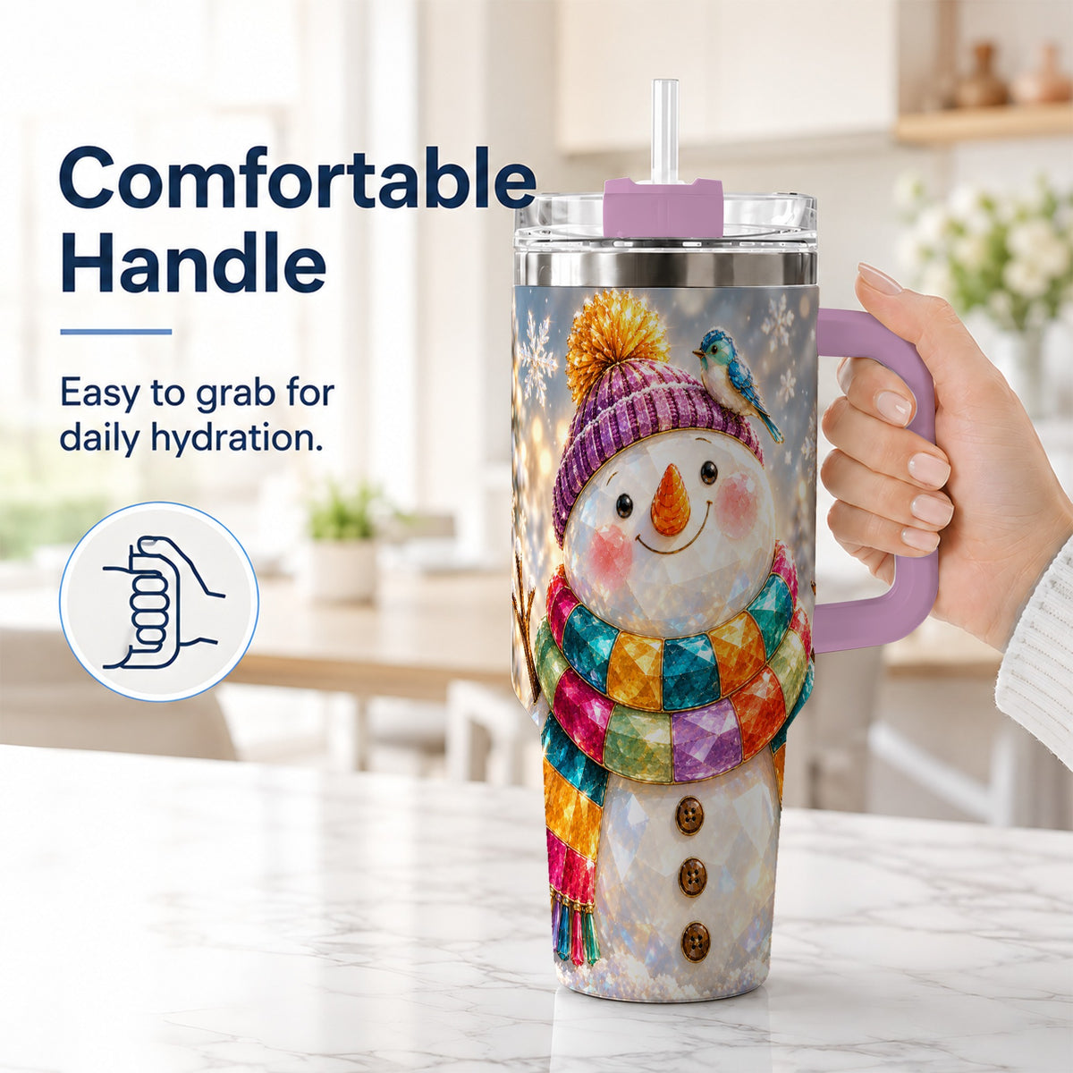 #pl[40oz|Pink] Jewel Tone Snowman 40oz Tumbler with Handle, Winter Travel Cup