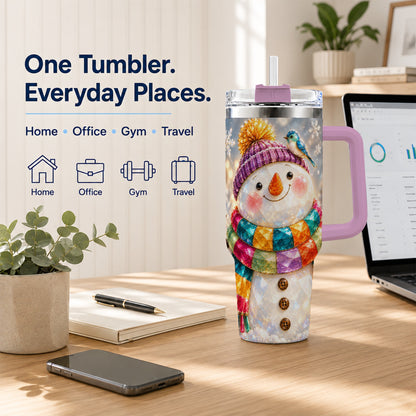 #pl[40oz|Pink] Jewel Tone Snowman 40oz Tumbler with Handle, Winter Travel Cup