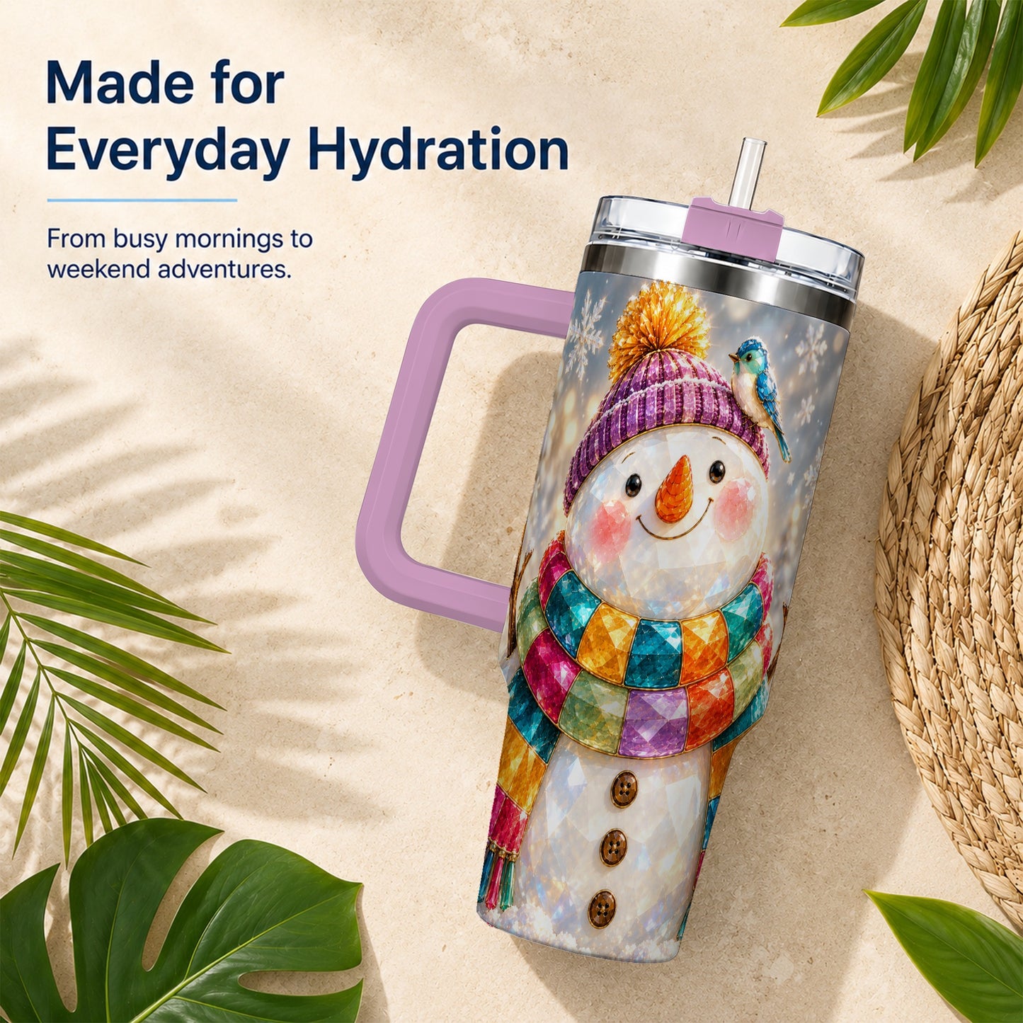 #pl[40oz|Pink] Jewel Tone Snowman 40oz Tumbler with Handle, Winter Travel Cup