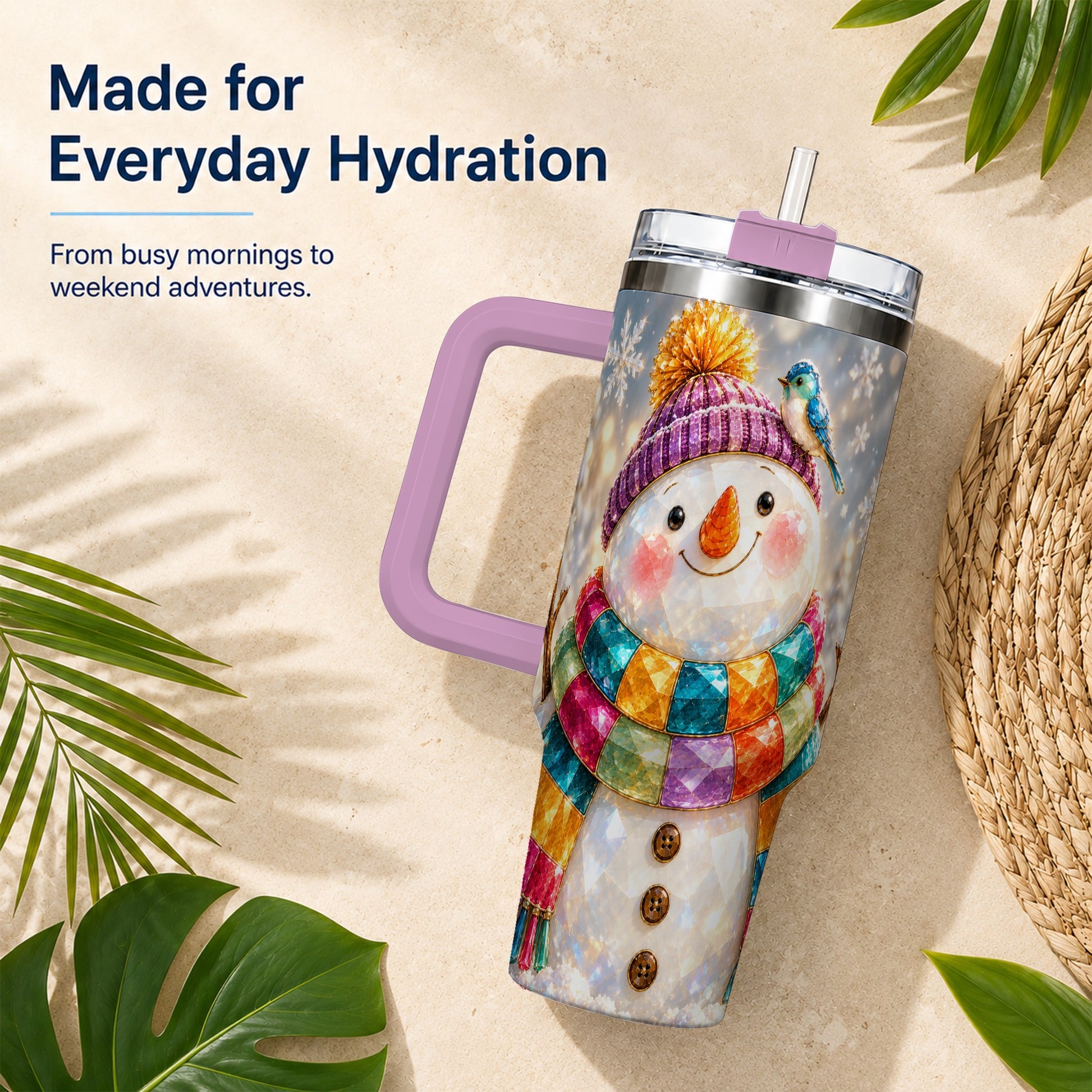 #pl[40oz|Pink] Jewel Tone Snowman 40oz Tumbler with Handle, Winter Travel Cup