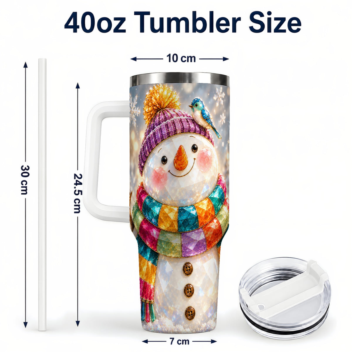 #pl[40oz|White] Jewel Tone Snowman 40oz Tumbler with Handle, Winter Travel Cup